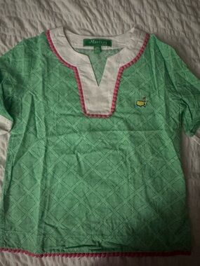 Kids girls Masters Green Patterned Girls' Tunic Top with Pink Trim XS (5-7)